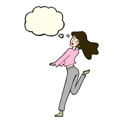 cartoon happy girl kicking out leg with thought bubble