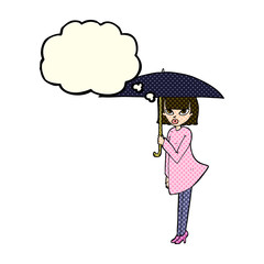 cartoon woman with umbrella with thought bubble