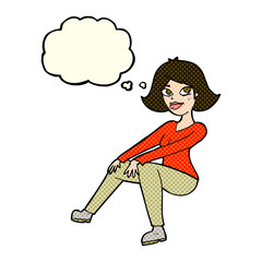 cartoon happy woman sitting with thought bubble