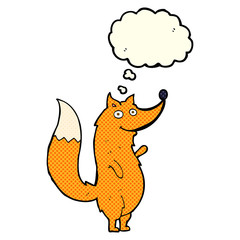 cartoon waving fox with thought bubble