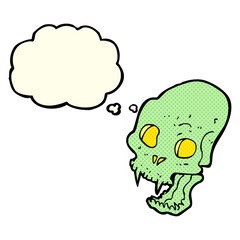 cartoon spooky vampire skull with thought bubble