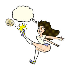 cartoon female soccer player kicking ball with thought bubble