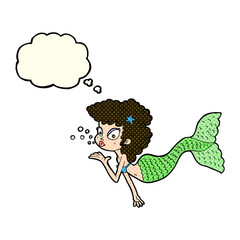 cartoon mermaid blowing kiss with thought bubble