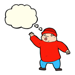 cartoon man in hat waving with thought bubble