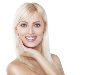portrait of attractive caucasian smiling woman blond isolated on