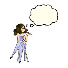 cartoon woman sitting on bar stool with thought bubble