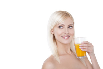 Young woman with glass of orange juice. Female model happy smile