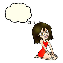 cartoon happy woman in dress with thought bubble