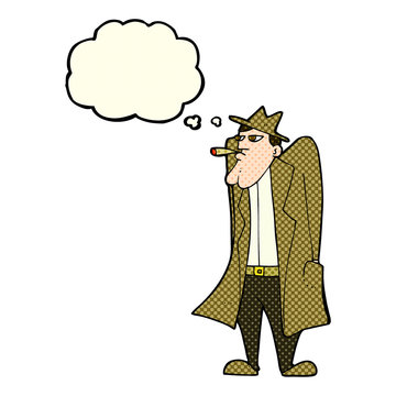 recommend clip art: cartoon man in hat and trench coat with thought bubble