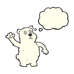 cartoon waving polar bear with thought bubble