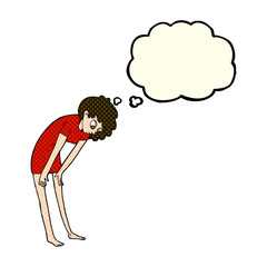 cartoon woman looking at her feet with thought bubble