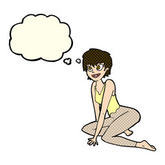 cartoon happy woman sitting on floor with thought bubble