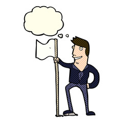 cartoon man planting flag with thought bubble