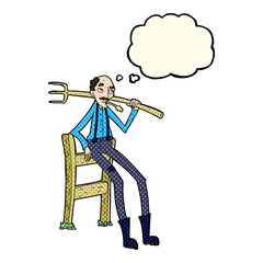 cartoon old farmer leaning on fence with thought bubble