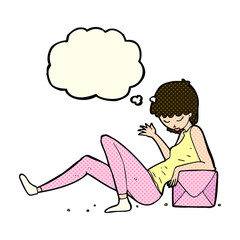 cartoon woman leaning on package box with thought bubble