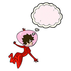 cartoon space woman with thought bubble