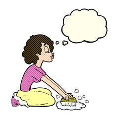 cartoon woman scrubbing floor with thought bubble