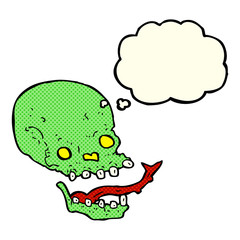 cartoon spooky skull with thought bubble