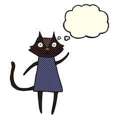 cute cartoon black cat waving with thought bubble