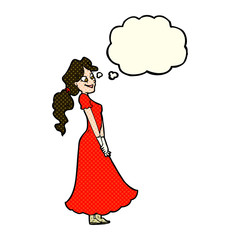 cartoon pretty woman in dress with thought bubble