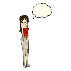 cartoon pretty woman shrugging shoulders with thought bubble