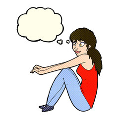 cartoon happy woman sitting with thought bubble