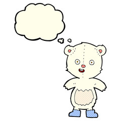 cartoon happy teddy bear in boots with thought bubble
