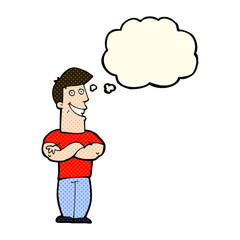 cartoon grinning man with thought bubble