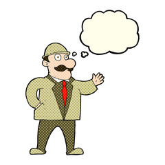 cartoon sensible business man in bowler hat with thought bubble