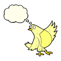 cartoon dancing bird with thought bubble