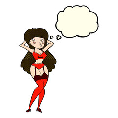 cartoon woman in lingerie with thought bubble