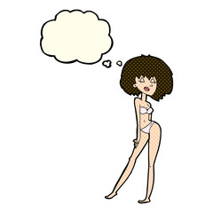cartoon woman in bikini with thought bubble