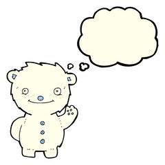 cartoon waving polar bear with thought bubble