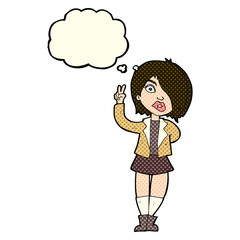 cartoon cool girl giving peace sign with thought bubble