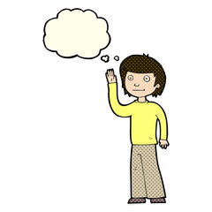 cartoon friendly boy waving with thought bubble