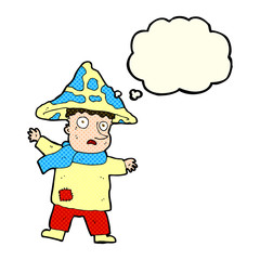 cartoon magical mushroom man with thought bubble