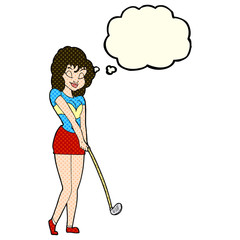 cartoon woman playing golf with thought bubble