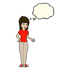 cartoon woman explaining with thought bubble