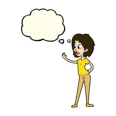 cartoon woman waving with thought bubble