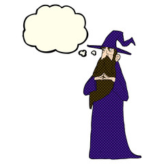 cartoon old wizard with thought bubble