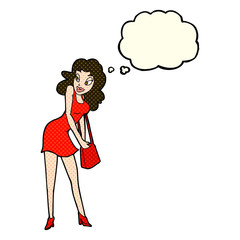 cartoon woman looking in handbag with thought bubble