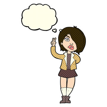 cartoon cool girl giving peace sign with thought bubble