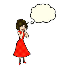 cartoon worried woman with thought bubble