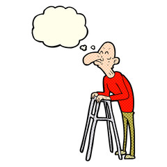 cartoon old man with walking frame with thought bubble