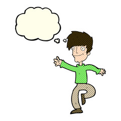cartoon happy man dancing with thought bubble