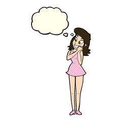 cartoon excited woman with thought bubble