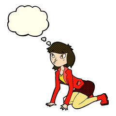 cartoon woman on hands and knees with thought bubble