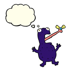 cartoon poisonous frog catching fly with thought bubble