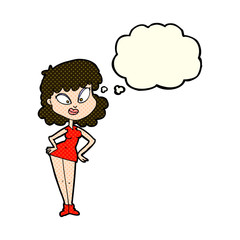 cartoon woman with hands on hips with thought bubble