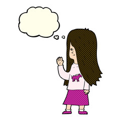 cartoon girl with pony shirt waving with thought bubble